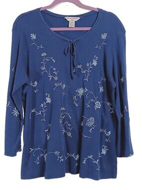 George & Martha Blouse Women’s XL Navy Floral Embroidered 100% Cotton Pullover